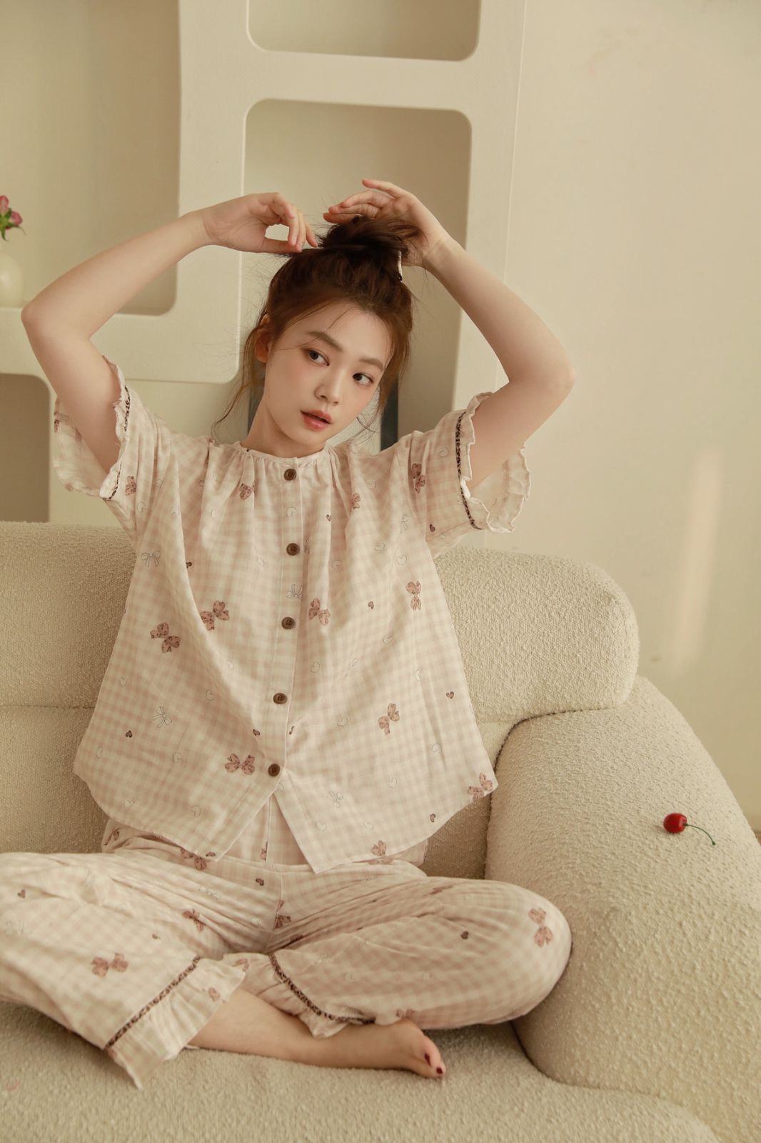Bộ Cotton Mặc Nhà Cherry Gingham