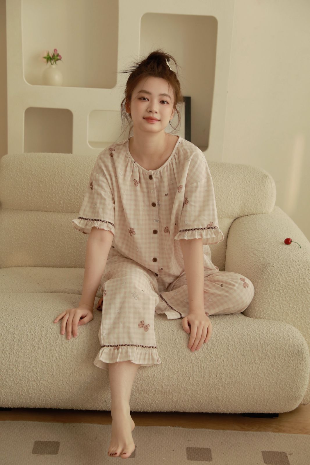 Bộ Cotton Mặc Nhà Cherry Gingham