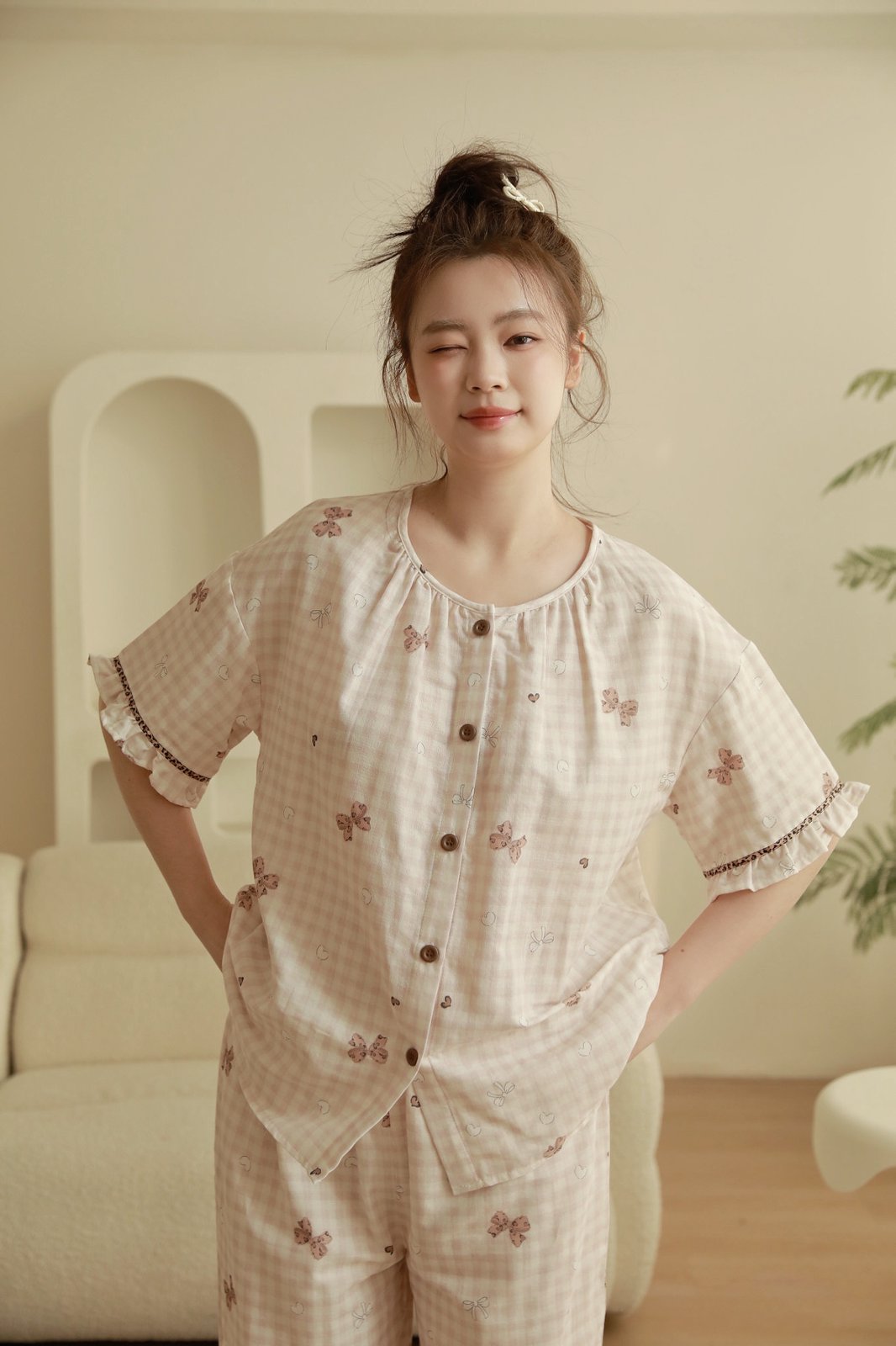 Bộ Cotton Mặc Nhà Cherry Gingham