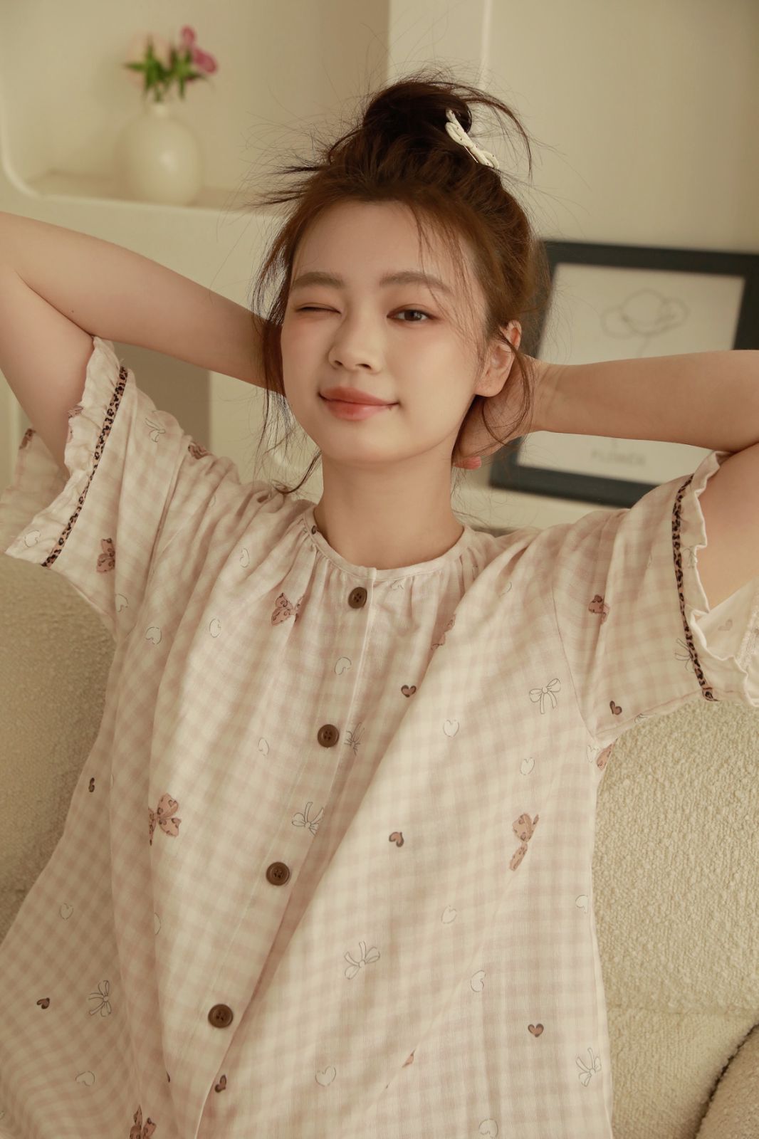 Bộ Cotton Mặc Nhà Cherry Gingham
