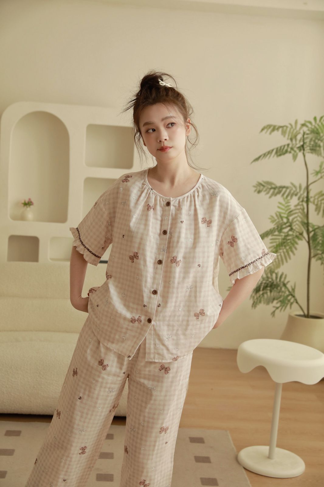 Bộ Cotton Mặc Nhà Cherry Gingham