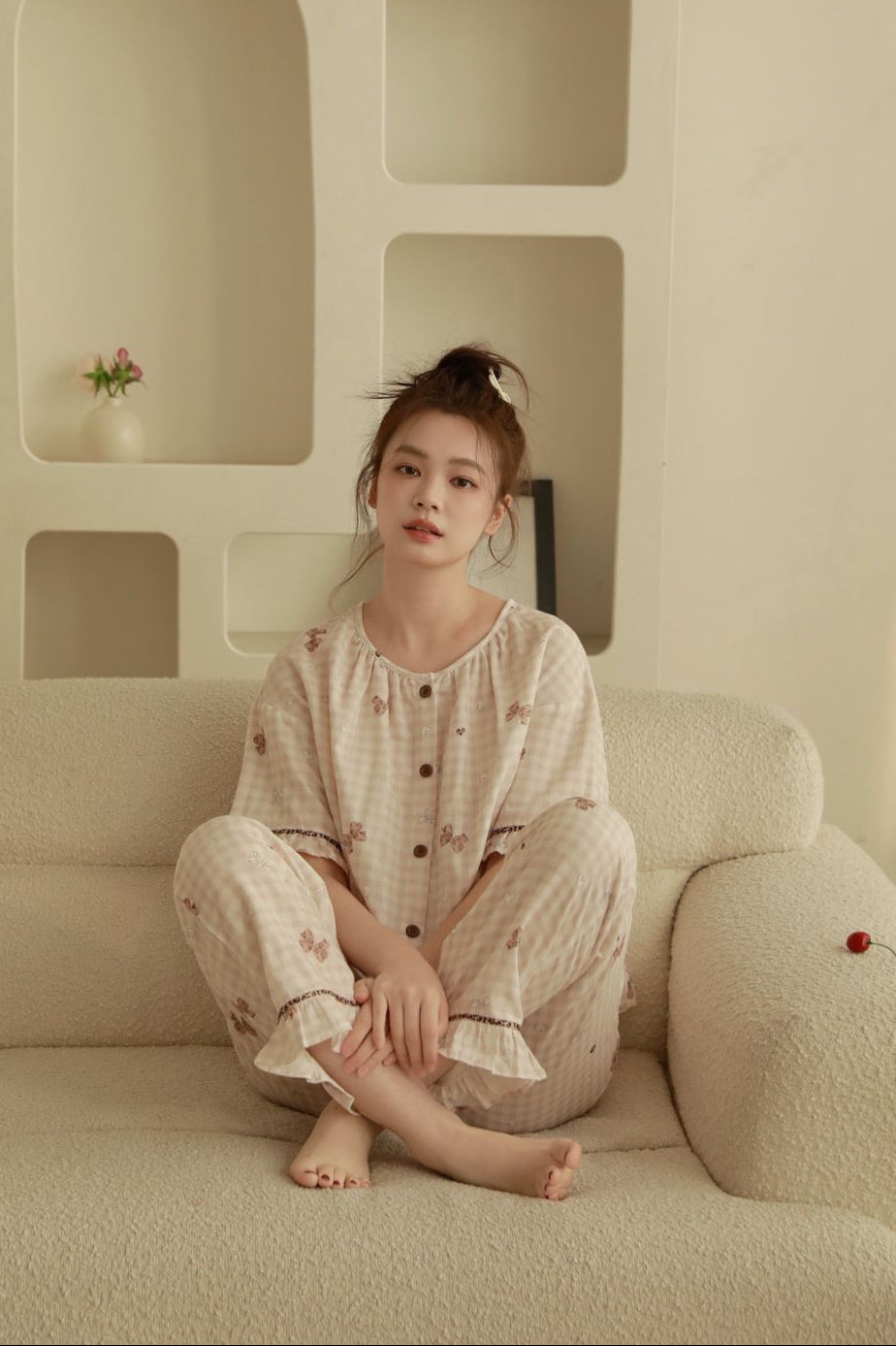 Bộ Cotton Mặc Nhà Cherry Gingham