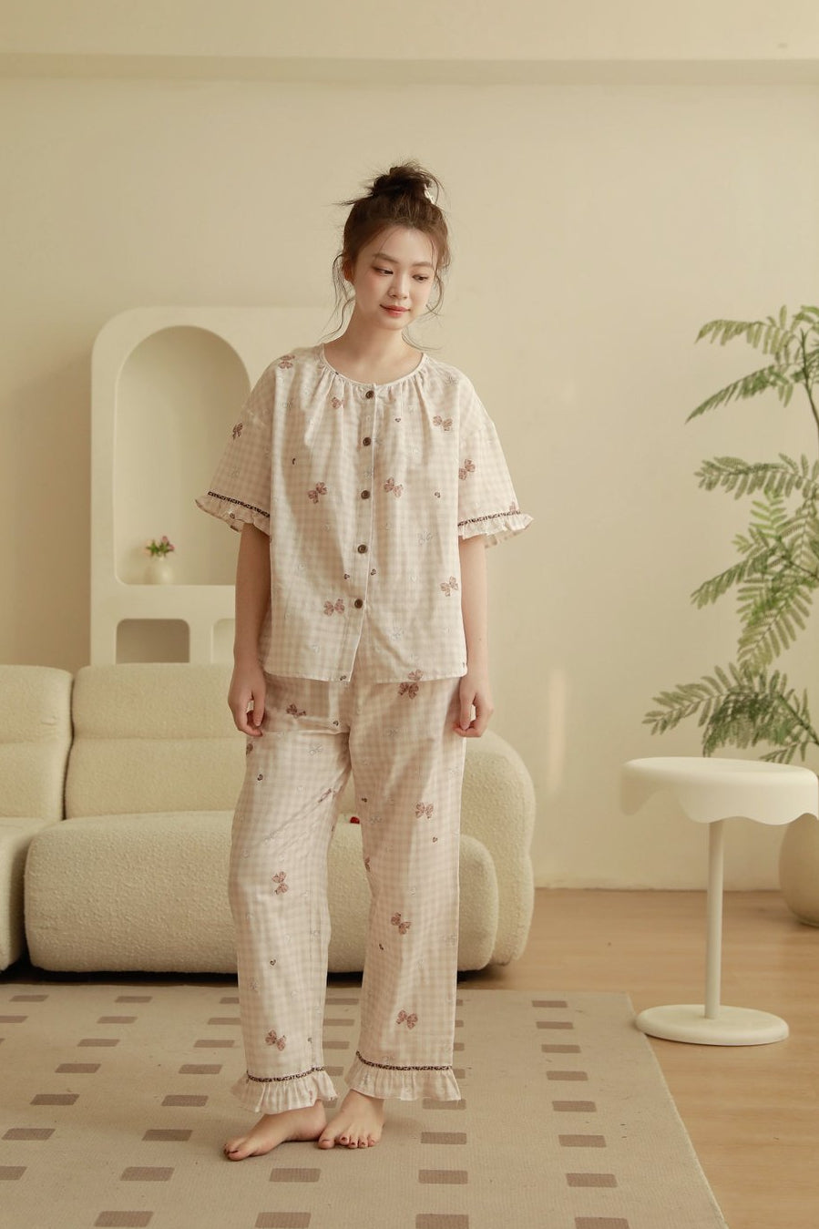 Bộ Cotton Mặc Nhà Cherry Gingham