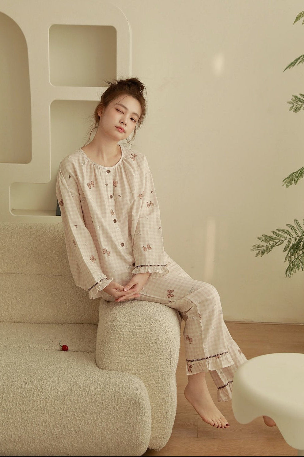Bộ Cotton Mặc Nhà Cherry Gingham