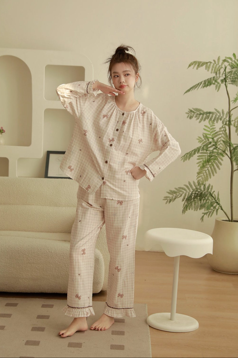 Bộ Cotton Mặc Nhà Cherry Gingham