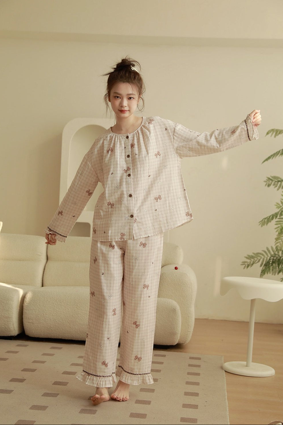 Bộ Cotton Mặc Nhà Cherry Gingham