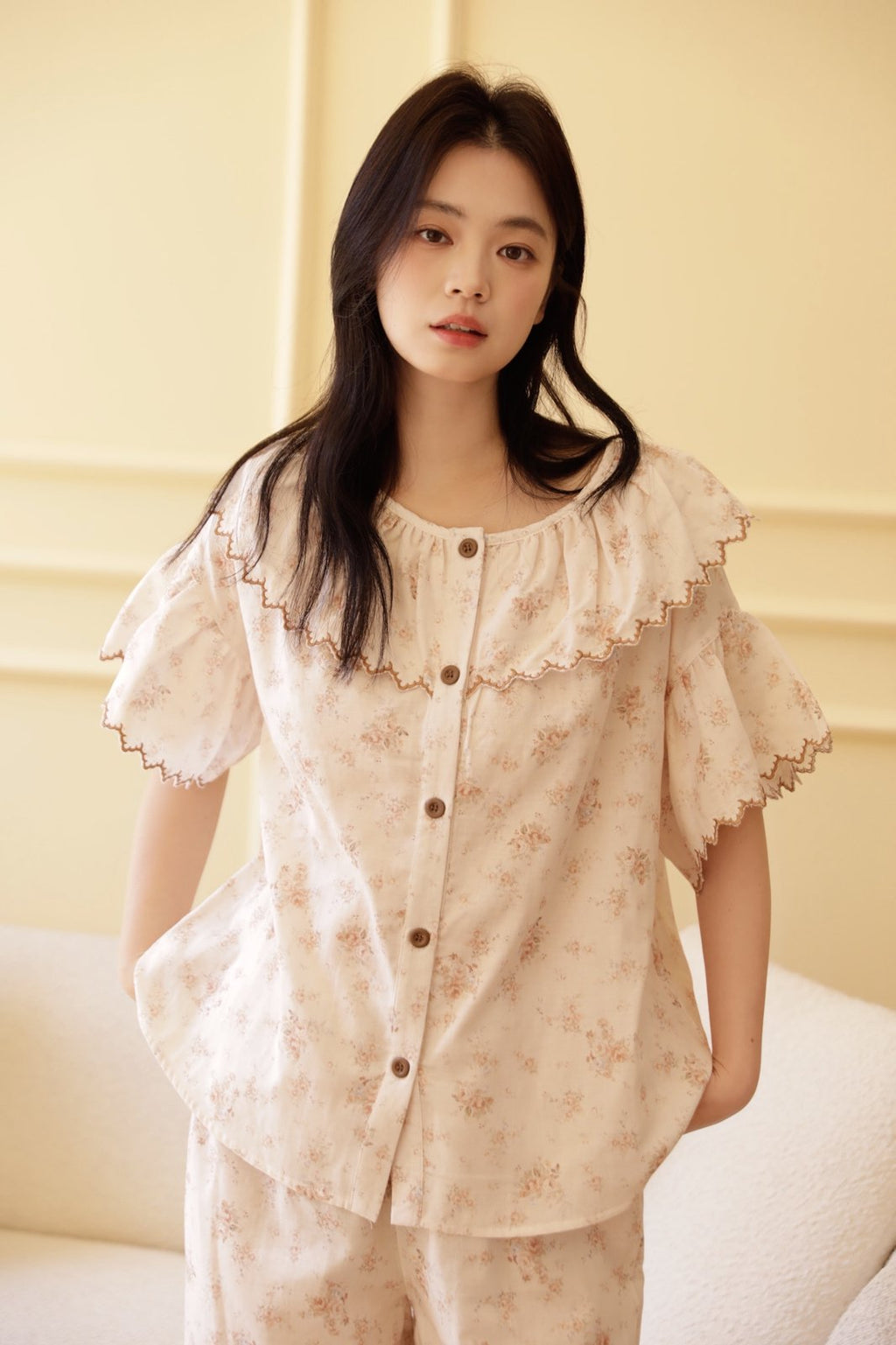 Bộ Mặc Nhà Fairy Ruffle Khaki Bloom