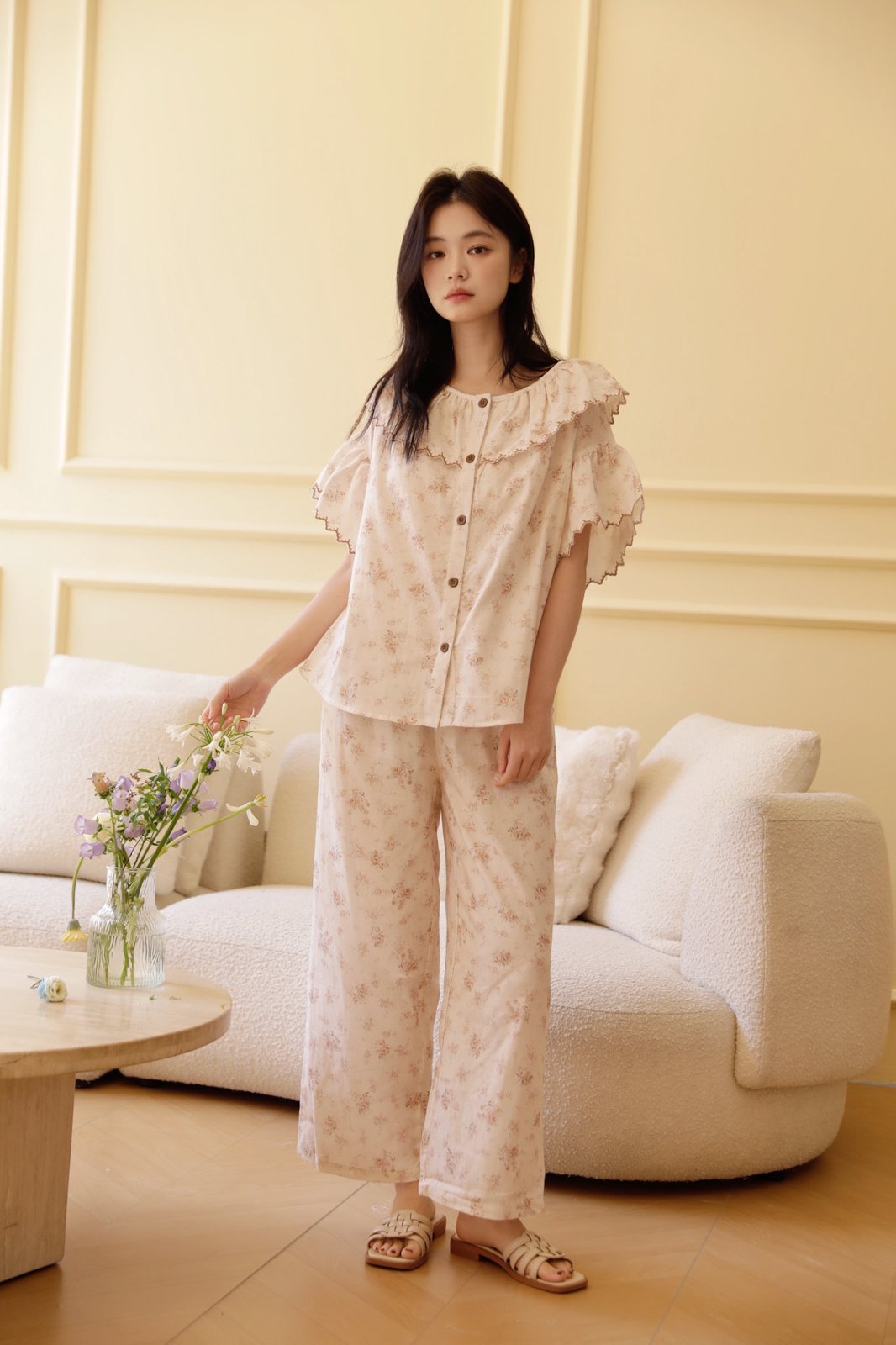Bộ Mặc Nhà Fairy Ruffle Khaki Bloom