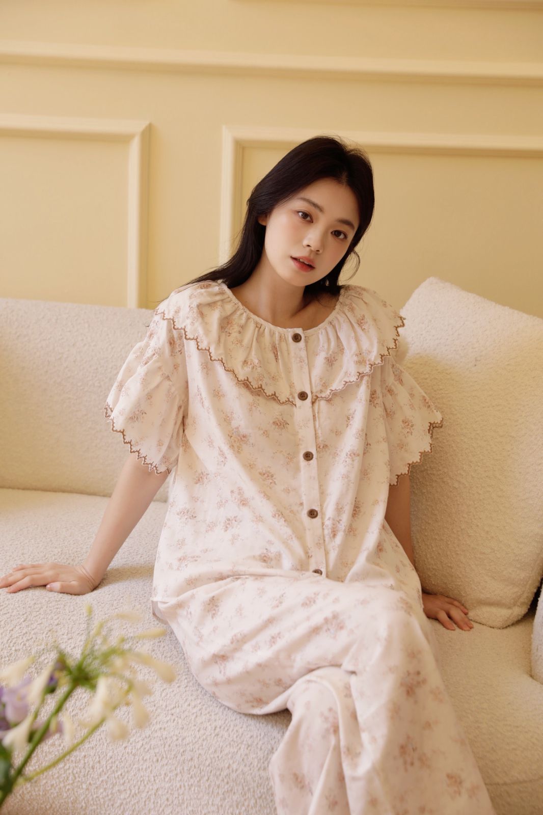 Bộ Mặc Nhà Fairy Ruffle Khaki Bloom